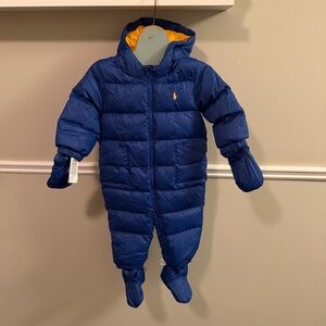 Ralph Lauren Baby Down Snowsuit 9M Blue Hooded Bunting Footed Winter
